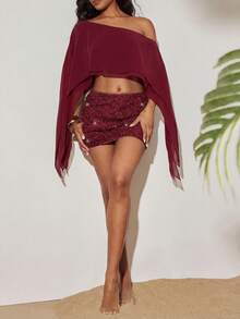 Opulessa 2pcs Solid Color Knit Fitted Tube Top & Asymmetric Neck Loose Woven Blouse Set,Summer Top - Burgundy - View 3