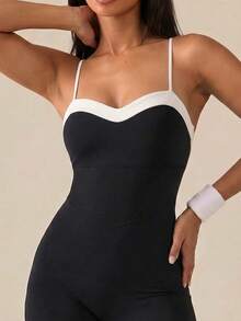 SHEIN BAE Bộ jumpsuit mùa hè thời trang ôm sát, phối viền tương phản - Đen và trắng - Xem 6