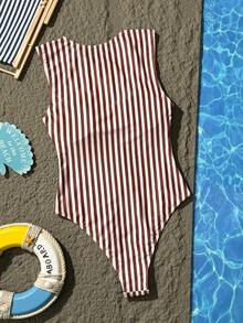 SHEIN Swim SPRTY Áo tắm biển mùa hè dành cho nữ, họa tiết sọc ngẫu nhiên, áo tắm liền thân không tay chống nắng, thiết kế nửa khóa kéo, dáng suông ôm sát, cắt cao. - Nhiều màu - Xem 2