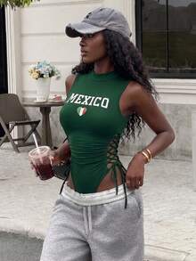 Gowayae Gowayae Mono elegante y sexy de mujer con cuello alto, lazo y sin mangas en color verde, diseño ajustado para primavera y verano, top sin mangas de cuello halter, camiseta de México, conjunto de México para mujer - Verde - Ver 1