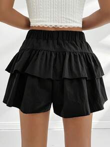 Femesol Falda pantalón de verano casual de unicolor con cintura elástica y doble capa de volantes en negro para mujer - Negro - Ver 2