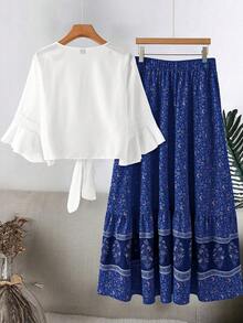 SHEIN LUNE CURVE Plus Size Women's Water-Soluble Lace Trim Romantic Fashion Suitable For Spring/Summer Vacation Casual Versatile 2-Piece Set - Multicolor - View 2
