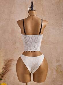 Swim Mod Nuevo conjunto de verano de dos piezas estilo europeo y americano, top corto con ribete de contraste y borde con volantes, Bottom triangular a juego con ribete de contraste, conjunto de bikini camiseta de soporte, adecuado para la playa, fiesta de piscina, cumpleaños - Blanco - Ver 3