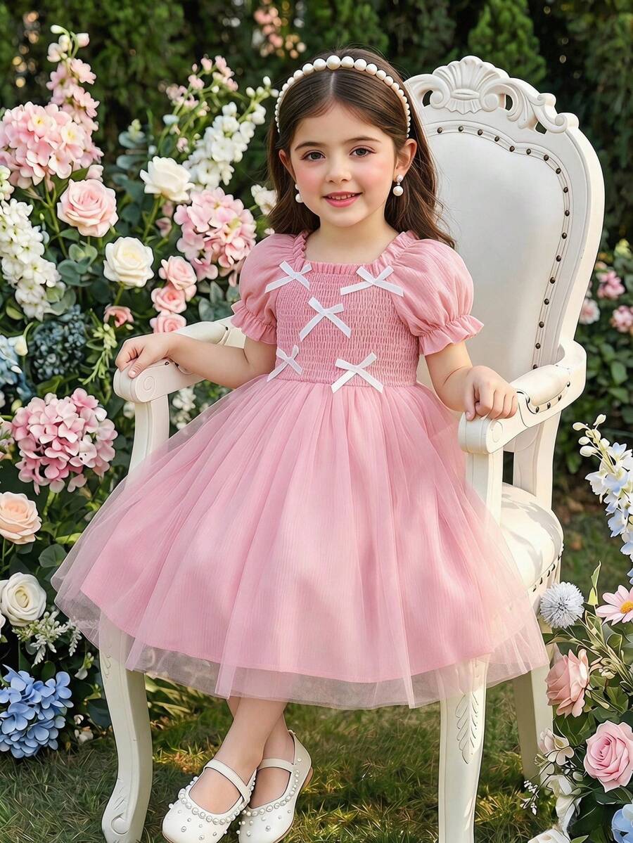 Glamorique Kids 1件女童公主甜美风蝴蝶结装饰花瓣袖网纱连衣裙，白色，适合春夏休闲穿着、生日派对、日常外出