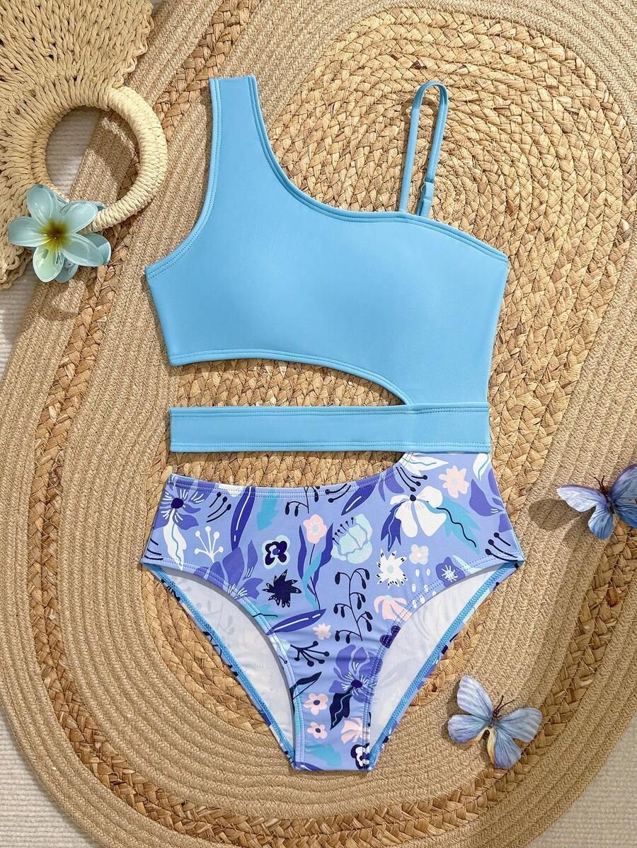 SHEIN 少女碎花撞色镂空不对称领口连体泳衣 - 藍色 - 查看 1