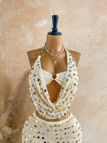 SHEIN WYWH Bộ 2 món áo len cổ xếp ly đính sequin dành cho nữ, gồm áo và chân váy ngắn len, thích hợp cho kỳ nghỉ. - Màu be - Xem 4