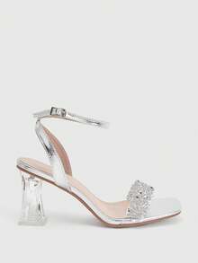 Glitzique Nuevas llegadas Primavera/Verano 2024 Sandalias de mujer con tacón grueso, decoración de cristales y tira en el tobillo, con tacón de cristal, perfectas para la playa, fiestas, bodas, uso interior y exterior en San Valentín - Plateado - Ver 3