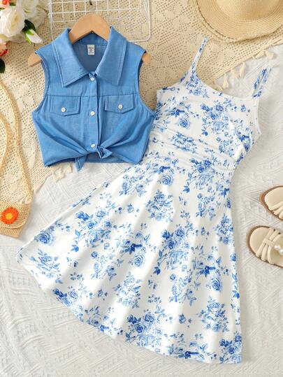 SHEIN Tween Girl Blue Floral Print Camisole Dress With Sleeveless Vest Jacket Set, Suitable For Spring, Summer, Autumn, Casual Vacation And Daily Wear