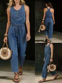 Bộ jumpsuit denim nữ kiểu dáng thường ngày, có dây rút ở eo, thích hợp cho kỳ nghỉ và đi làm. - Rửa tối - Xem 1