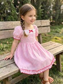 SHEIN Elladie kids 女童夏季新款露肩泡泡袖荷叶边蝴蝶结腰带格子A字可爱甜美公主裙 - 粉色 - 查看 5