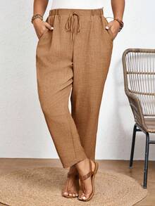 SHEIN Frenchy Pantalones casuales de talla grande de unicolor con cintura elástica y bolsillos en diagonal - Marrón Mocha - Ver 4