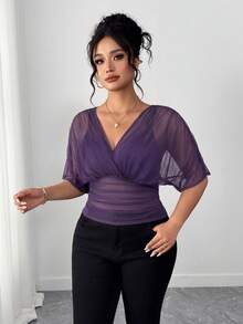 Elenzga Plus Size Women V-Neck Pleated Casual Versatile Daily Wear Blouse - Purple - View 5