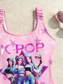 Tween Girls' Letter & Star Cartoon Girl Group Print Elastic Wide Strap One-Piece Swimsuit, Suitable For Beach, Pool, Water Sports - Pink - View 4