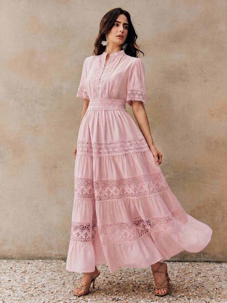 Elegant Solid Color Lace Patchwork Round Neck Waist Cinched Hollow Out Crochet Short Sleeve Flared Dress For Women