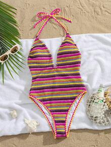 Swim Vcay Women's Beach Music Festival Spring/Summer Colorful Striped Knit Jacquard V-Neck Backless Sexy Elegant Fashion One-Piece Swimsuit - Multicolor - View 5