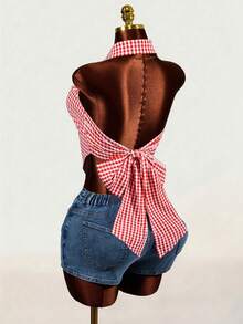 Spring And Summer Back Tie Bow-Knot Casual Design Sense Shirt - Red and White - View 2