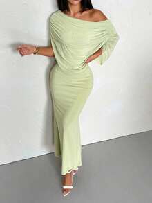 SHEIN PETITE Đầm maxi lưới ôm sát, thanh lịch, màu xanh nhạt trơn, xếp ly, lệch vai, thích hợp cho mùa xuân/hè, kiểu dáng thanh lịch, đầm suông. - màu xanh lá - Xem 3