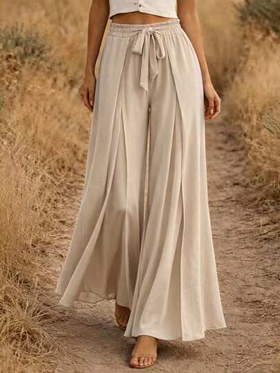 Selamara Women's Solid Color Drawstring Waist Casual Versatile Wide Leg Pants For Daily Wear