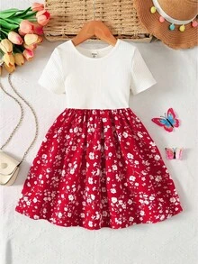 Đầm dệt kim thời trang mùa hè cho bé gái, màu trơn, cổ tròn, phối trắng, viền hoa đỏ, kiểu dáng thường ngày. - Nhiều màu - Xem 5