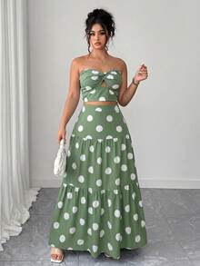 Elenzga Conjunto de 2 piezas talla grande: Top bandeau azul elegante con nudo y falda maxi plisada, estilo de vacaciones para el verano - verde menta - Ver 4