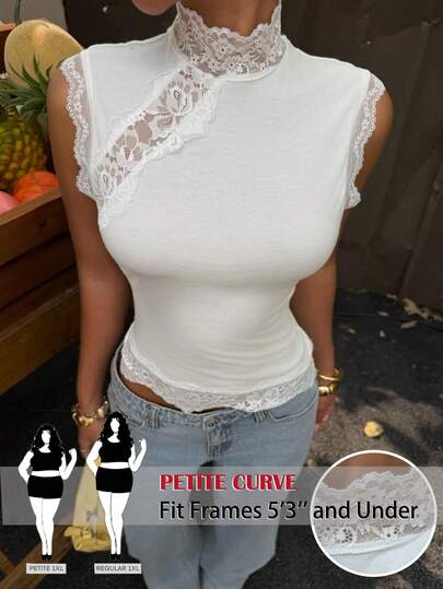 SHEIN PETITE CURVE CURVE New Plus Size Women's Petite Girls Women Contrast Lace Stand Collar Fitted Fashion Camisole T-Shirt, Summer Petite Women Top ,Suitable For Petite Women.High-Waisted Makes You Look Slimmer And Your Legs Longer, Suitable For Petite Women.Suitable For All Seasons And Occasion,Suitable For Petite Girls& Women, Summer Top,Summer Summer Top Summer Outfits Summer Holiday Outfits Long Summer Top For Women Spring Outfit , Top,Casual Top,High-Waisted Slimming Top For Summer,Elegant Women's Ceremony Vest ,Elegant Vest S For Party,Elegant Vest For Ladies,Vacation Outfits Women,Holiday Outfits For Women,Summer Holiday Outfits,Summer Vacation Outfits,Carnival Carnival Costume Carnival Women Look 2026 2026 Carnival Women Carnival Clothes Carnival Costume Women, Summer Tops