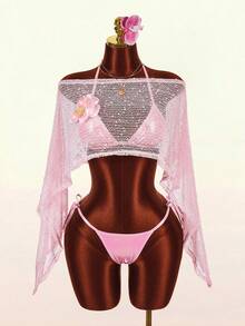 Amplova 3pcs Women's Swimwear Set: Floral Pink Tropical Asymmetric-Shoulder Bikini Top, Matching Cover-Up, Cute Mini Vacation Beach Summer - Pink - View 7