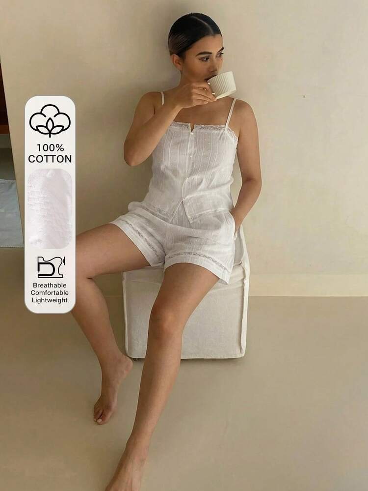 2pcs Lace Patchwork Camisole & Loose Straight Shorts Pajama Set, Women Summer Sleepwear