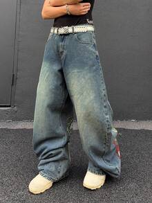 Manfinity EMRG Quần jeans ống loe nam phong cách thường ngày đường phố, in hình rồng Trung Quốc và chữ cái, đã qua xử lý giặt. - Rửa nhẹ - Xem 6