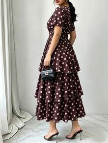 Vionelle Gaun Panjang Elegan Motif Polkadot untuk Wanita Ukuran Plus, Musim Semi/Panas - Coffee Brown - View 1