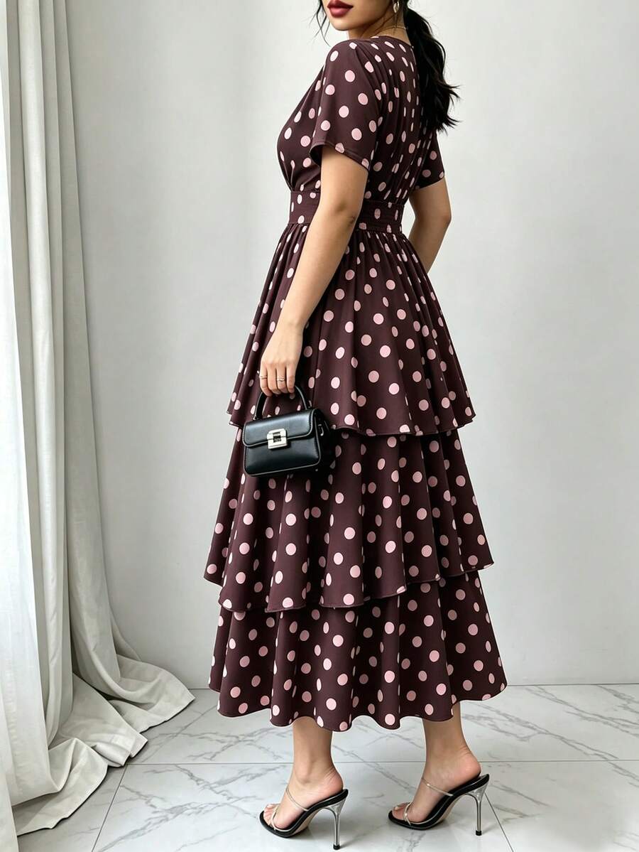 Vionelle Gaun Panjang Elegan Motif Polkadot untuk Wanita Ukuran Plus, Musim Semi/Panas - Coffee Brown - View 1