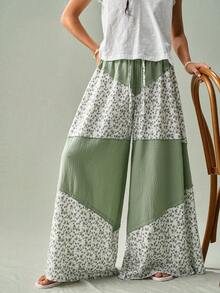 SoleilVie Quần ống rộng phối hoa mùa xuân hè mới, cạp thường, lưng thun, kiểu quần maxi đi nghỉ dưỡng. - màu xanh lá - Xem 7