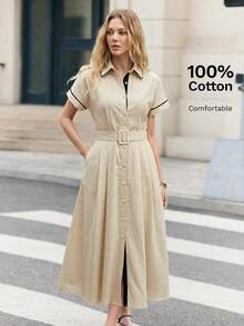 BizChic Women's Mid-Length Dress With Lapel Collar, Japanese Style Buckle Belt, Side Pockets, Single-Breasted Front Opening, Elegant Casual For Party, Date, Wedding Guest, Vacation, Independence Day, Graduation Season, Music Festival, Slimming, Versatile, High-End Summer - White - View 1