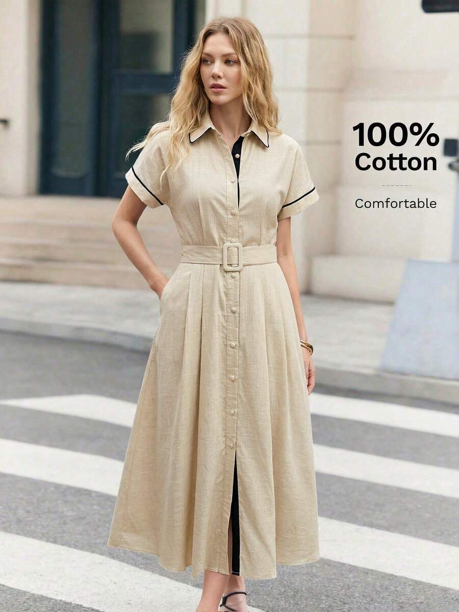 BizChic Women's Mid-Length Dress With Lapel Collar, Japanese Style Buckle Belt, Side Pockets, Single-Breasted Front Opening, Elegant Casual For Party, Date, Wedding Guest, Vacation, Independence Day, Graduation Season, Music Festival, Slimming, Versatile, High-End Summer - White - View 1