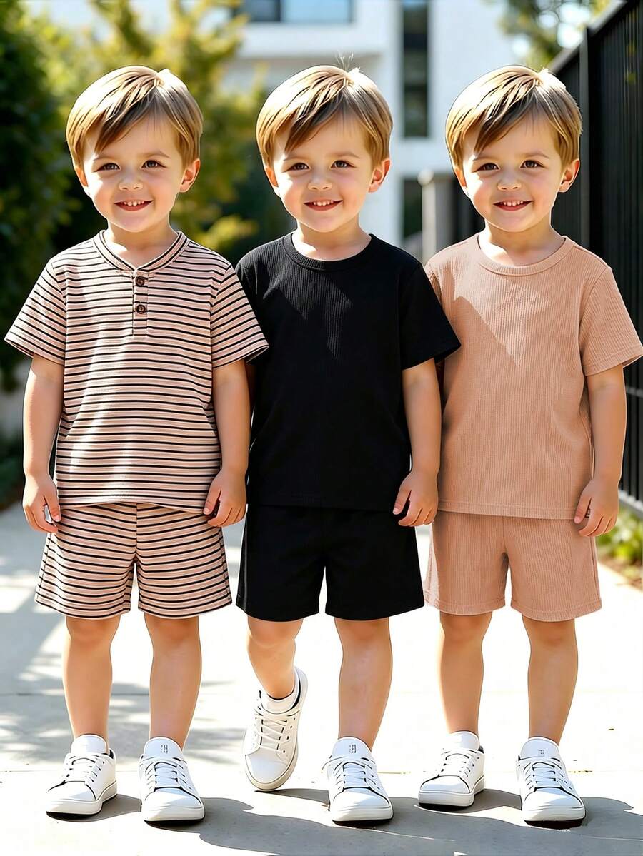 SHEIN 3pcs/Set Boys' Summer Casual Vacation & Daily Wear Solid Color & Striped Print Short Sleeve T-Shirt And Shorts Set - Multicolor - View 1