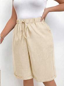 SHEIN LUNE CURVE Quần short cỡ lớn, màu trơn, kiểu dáng tối giản, thường ngày. - Màu Khaki - Xem 3