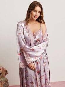 Elorette Set Piyama Satin Motif Bunga Romantis dengan Hiasan Renda dan Model Camisole - MultiWarna - View 5