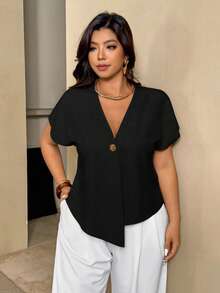 Auralis Women's Black Summer Elegant Formal Evening Work Blouse,Plus Size Crossover V-Neck Metal Button Dropped Shoulder Short Sleeve Office Wear Uniform - Black - View 6