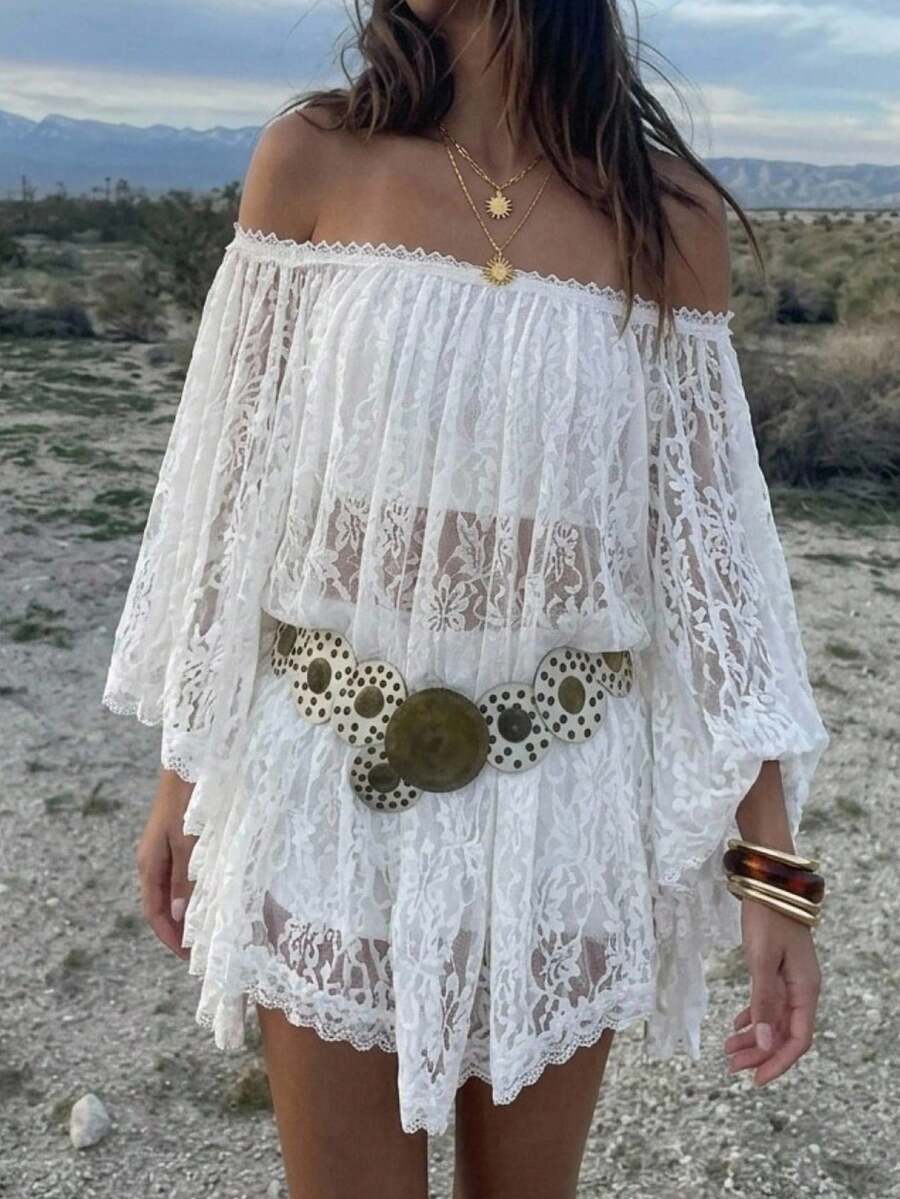 Aloruh Áo ren xuyên thấu gợi cảm, thanh lịch dành cho nữ, kiểu dáng bohemian, thích hợp cho kỳ nghỉ. - trắng - Xem 1