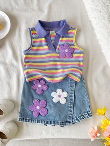 SHEIN Vintaside Kids 女嬰可愛夏季紫色多彩條紋無袖 Polo 衫，配 3D 花卉裝飾與牛仔裙褲，寬鬆版型，適合家庭穿搭休閒旅行 - 紫色 - 查看 3