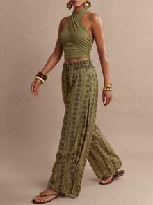 Zivah 2026 Spring/Summer New Bohemian Style Loose Drawstring Waist Side Pocket Wide Leg Pants With Floral Retro Print, Green - Green - View 6