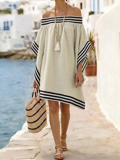 Balvessa Women's Fashion Striped Floral Print Off-Shoulder Loose Batwing Sleeve Striped Dress, Elegant And Versatile For Commute, Casual Daily Wear, Spring/Summer, Suitable For Cruise, Festivals, Beach Vacation, Music Festivals, Boho Style, Back To School, Teacher's Day, Mother's Day, Sexy Resort Wear For Beach Club, Havana Night, Beach Dinner