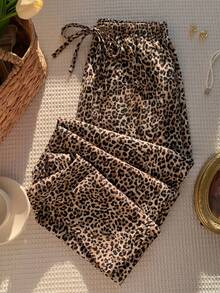 SHEIN EZwear Quần ống rộng in họa tiết da báo dành cho nữ cỡ lớn - màu nâu - Xem 4