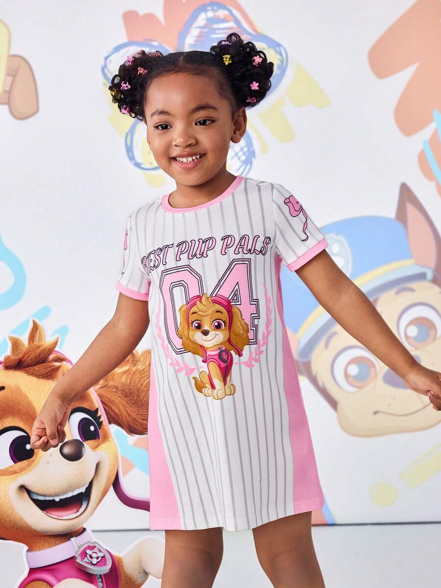 SHEIN | PAW Patrol 女童条纹圆领短袖可爱连衣裙 - 粉色 - 查看 1