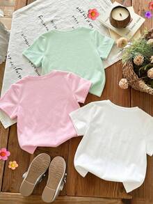 3 chiếc áo thun ngắn tay cổ tròn in hình công chúa hoạt hình dễ thương, ngọt ngào, thanh lịch với họa tiết hoa và nơ, màu trắng, hồng, xanh nhạt, thoải mái, thích hợp mặc hàng ngày vào mùa xuân/hè hoặc đi nghỉ mát, dành cho nữ giới. - Nhiều màu - Xem 2