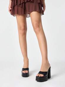 ROMWE Giày sandal cao gót hở mũi thời trang và gợi cảm dành cho nữ, phong cách punk gothic thanh lịch, họa tiết thêu hoa bóng bẩy, đế dày chống thấm nước, gót chunky, giày slip-on mùa xuân/hè dành cho các bữa tiệc đêm/lễ hội. - màu đen - Xem 2