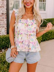 Coeurva Women's Elegant Boho White Floral Print Sleeveless Top,Comfortable Square Neck Summer Blouse,Cute Girly Tops For Holiday Vacation,Daily Casual Wear - Purple - View 3