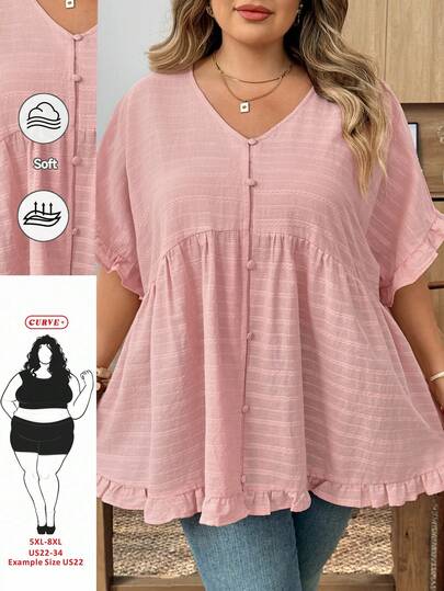 SHEIN CURVE+ Camisa de algodón 100% con cuello de muñeca en talla grande, color rosa, adecuada para vacaciones, bodas, playa y uso casual en el hogar