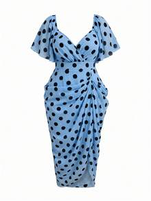 Sweetra Đầm midi dáng xòe cổ vuông in hoa bằng chiffon tay ngắn, kiểu dáng thanh lịch cổ điển dễ thương lãng mạn dành cho nữ cỡ lớn, chất liệu chiffon, có bèo nhún. - Màu xanh lam - Xem 3