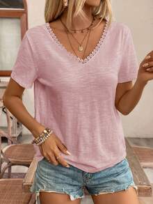 Frenchy Top amarillo con encaje y espalda descubierta, camiseta, imprescindible, conjunto de verano, imprescindible de la temporada de bodas, estilo francés - Rosa Pálido - Ver 3