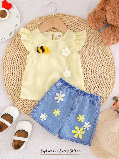 Cozy Pixies Bộ đồ 2 món cho bé gái: Áo tay bồng màu vàng có họa tiết và quần ống đứng.